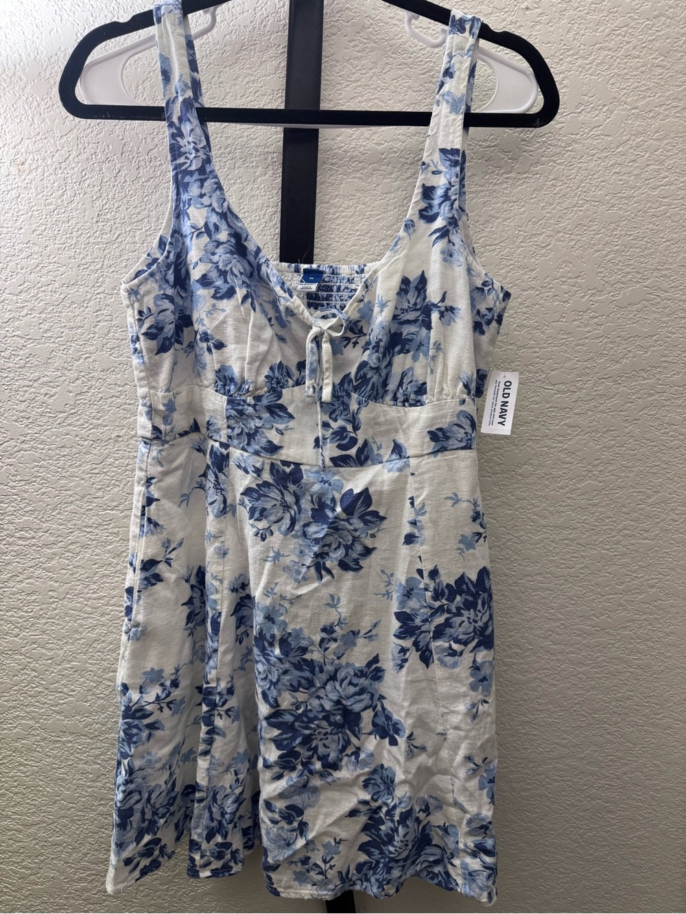 Old Navy Cream and Blue Floral Tie-Front Mini Dress